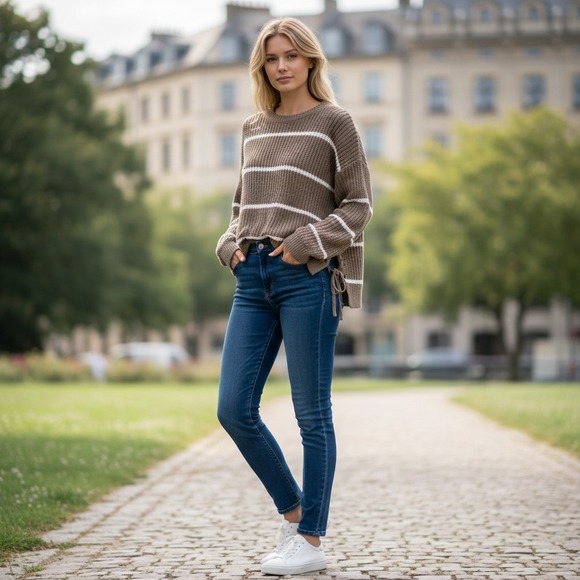 Pink Rose Sweaters - Pink Rose Sweater S Olive Green Striped Lace Up Side Shaker Knit Pullover